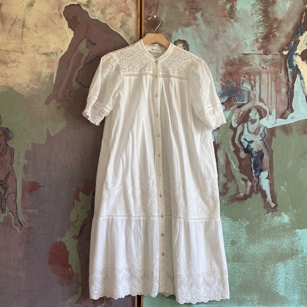 Madewell WVN white organic cotton eyelet lace button down dress size Small S
